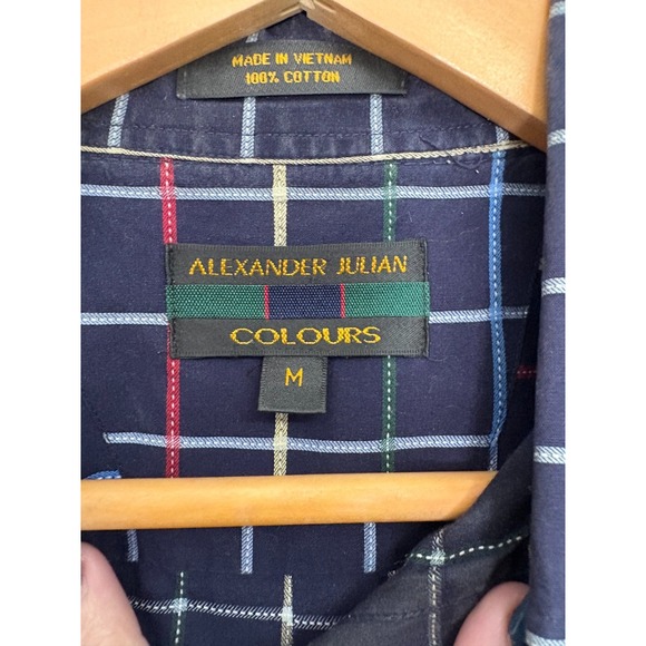 Alexander Julian Colours Mens M Short Sleeve Button Down Shirt Navy Blue Plaid - Picture 5 of 10
